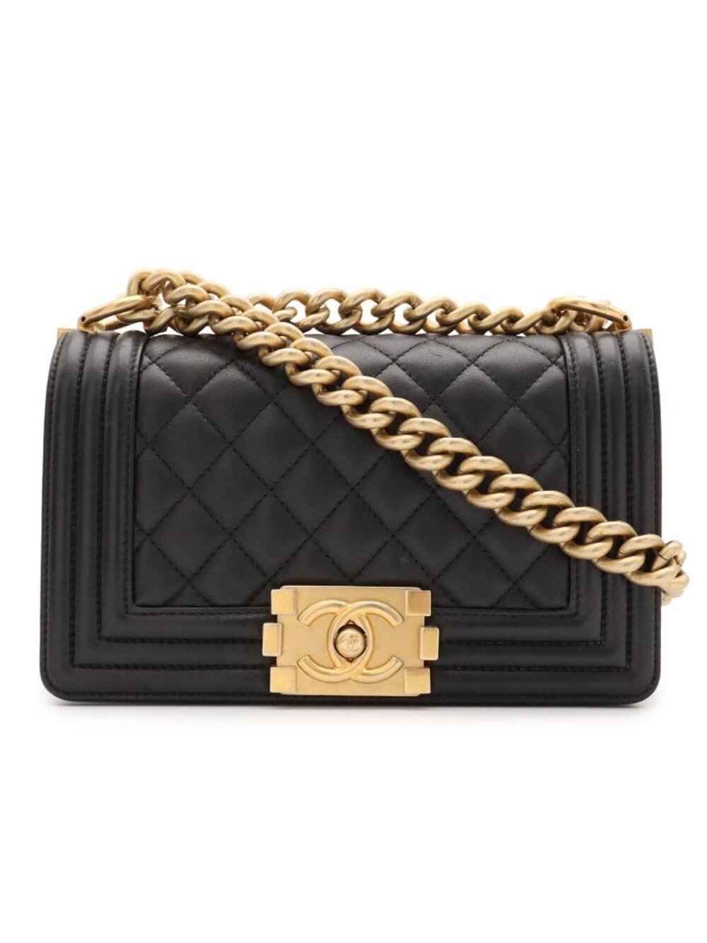 Chanel Boy 20 Quilted CC Logo Chain Shoulder Bag Crossbody Leather Black Gold